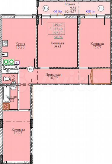 3-к. квартира, 96,9 м², 13/18 эт.