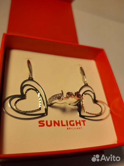 Серьги и кольцо, серебро с позолотой, фианиты