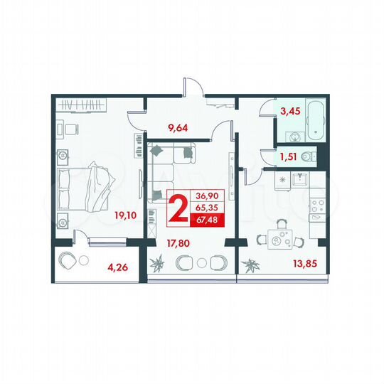 2-к. квартира, 67,5 м², 10/10 эт.
