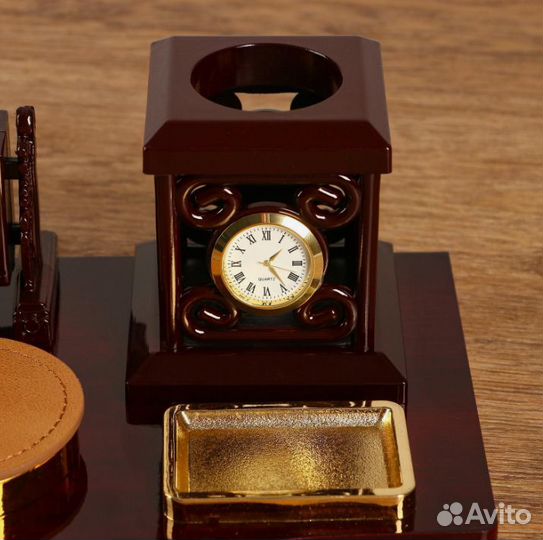 Набор настольный 6в1 с визитницей и часами, вишня