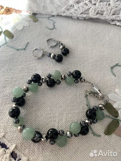 Браслет, Серьги, агат / гематит