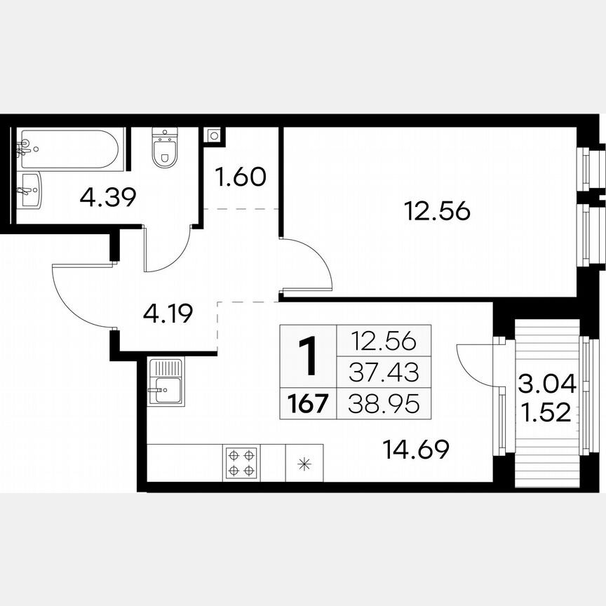 1-к. квартира, 39 м², 3/15 эт.