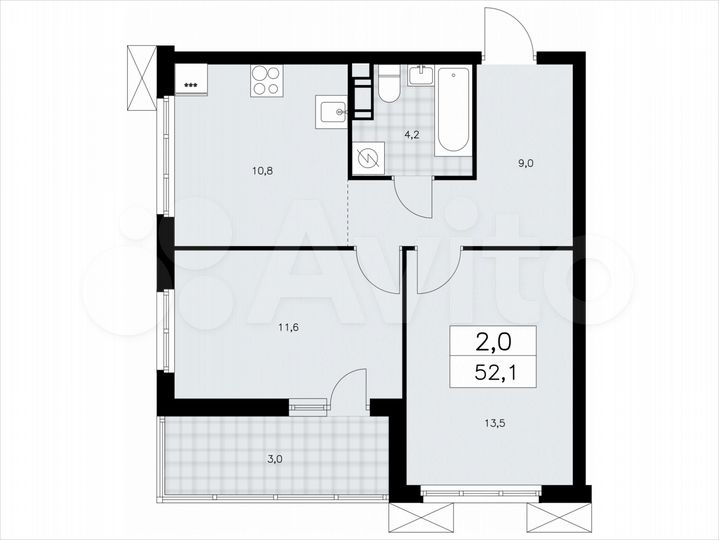2-к. квартира, 52,1 м², 6/9 эт.