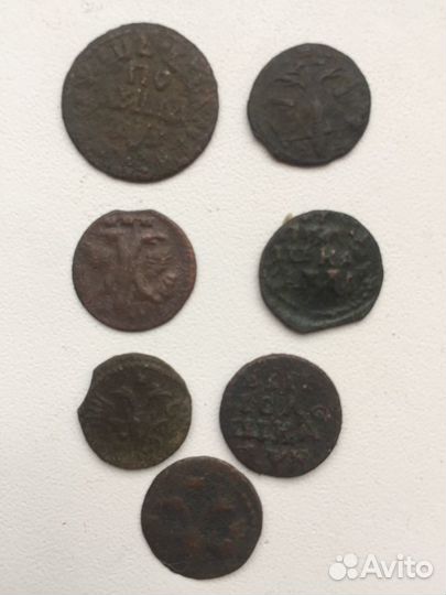 Монеты полушки копейка Петра1 времени