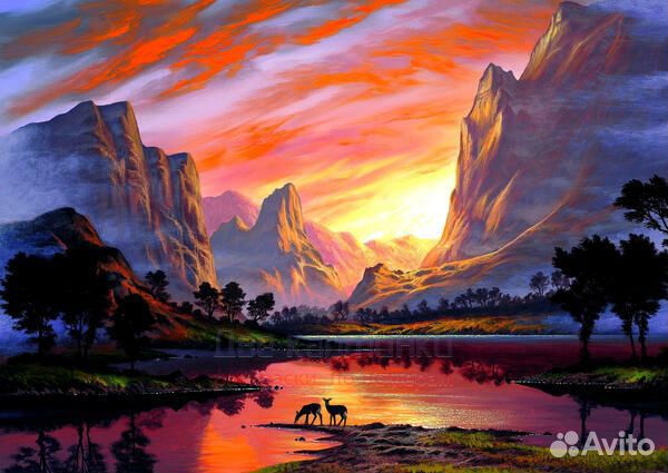 Картина по номерам 40x50 Солнце за горами и олени