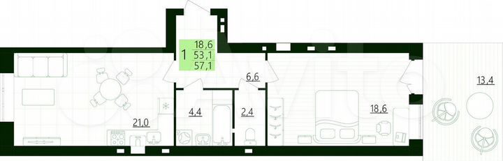 1-к. квартира, 57,1 м², 1/4 эт.