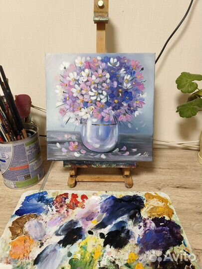Картина с цветами маслом на холсте 30х30 см