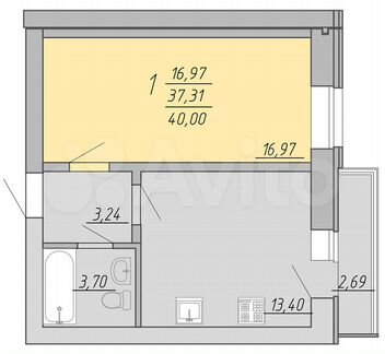 1-к. квартира, 40 м², 9/9 эт.