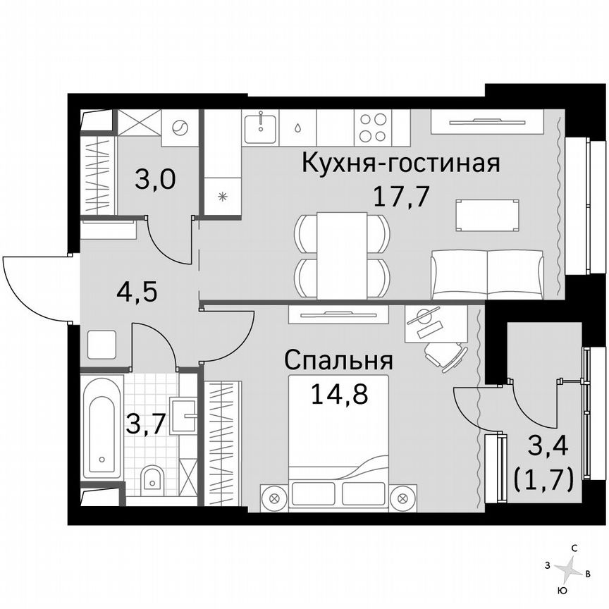 1-к. квартира, 45,6 м², 17/17 эт.