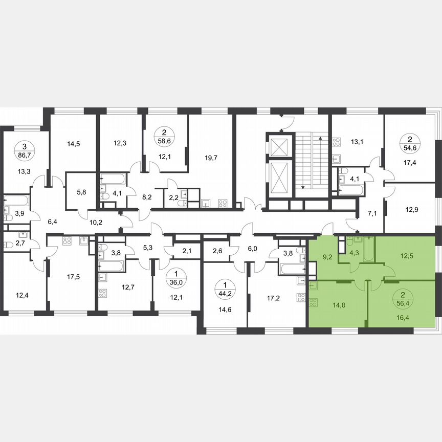 2-к. квартира, 56,4 м², 16/17 эт.