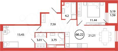 2-к. квартира, 66,2 м², 4/12 эт.