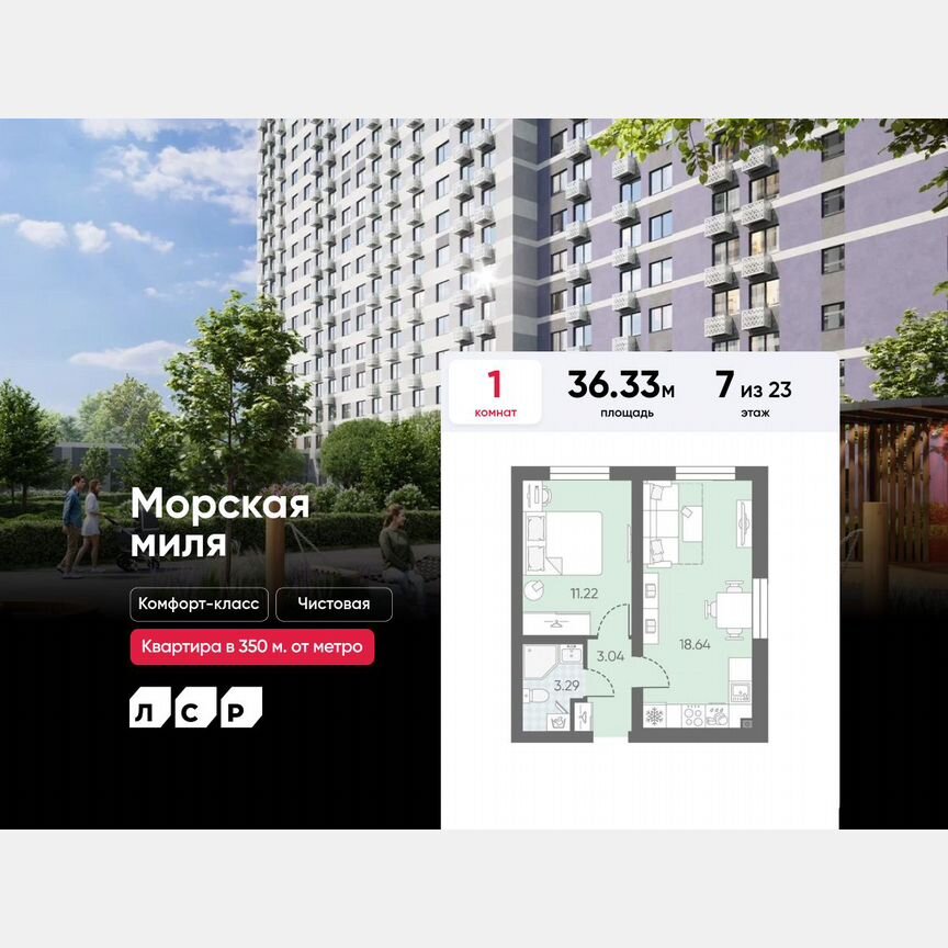 1-к. квартира, 36,3 м², 7/23 эт.