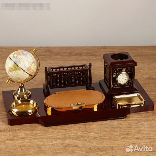 Набор настольный 6в1 с визитницей и часами, вишня