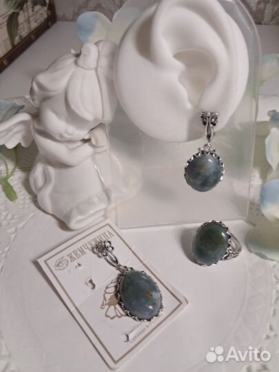 Серьги и кольцо 19 моховой агат серебрение