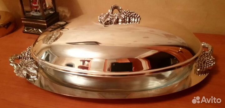 Блюдо с крышкой винтаж стекло+серебро