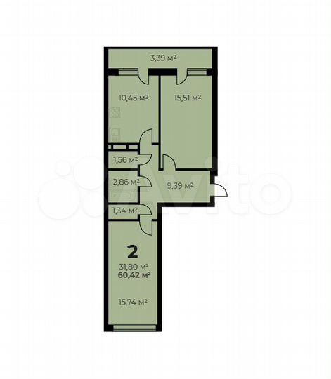 2-к. квартира, 60,4 м², 1/16 эт.
