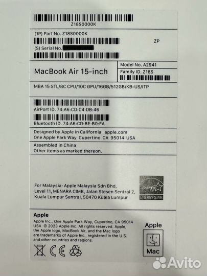 MacBook Air 15 (M2, 2023) 16Gb 512Gb Starlight