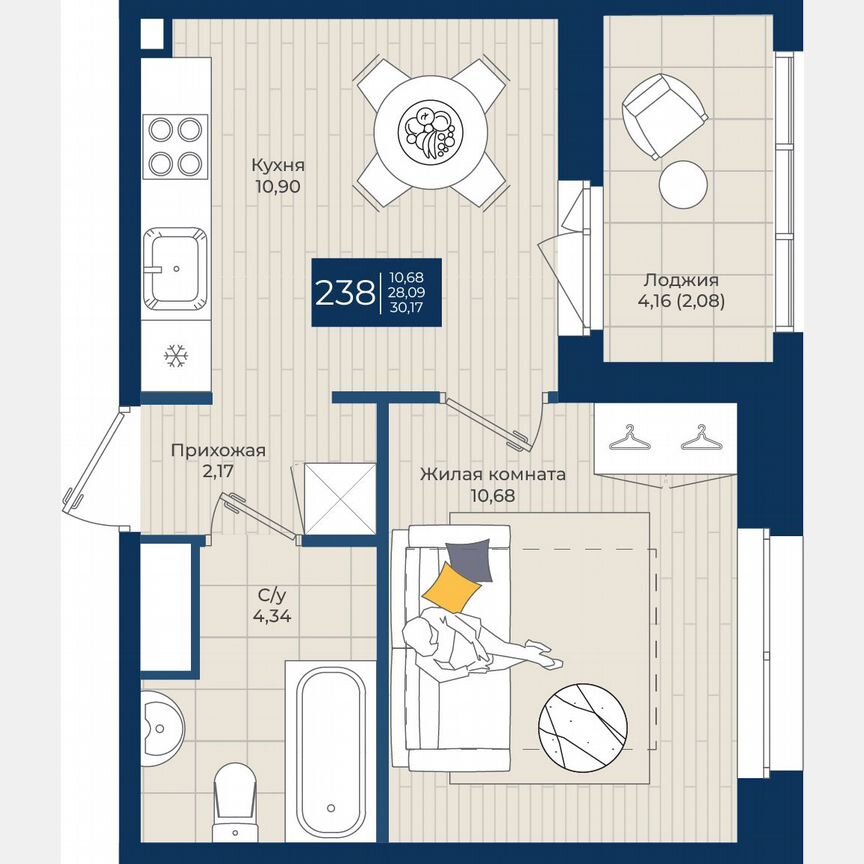 1-к. квартира, 30,2 м², 10/12 эт.