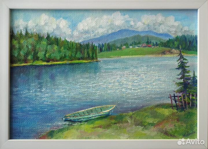 Пейзаж Картина маслом река Лодка