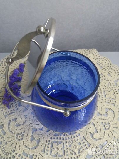 Сахарница СССР синее стекло с рисунком