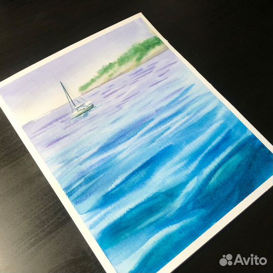 Картина морской пейзаж с парусником и горами аквар