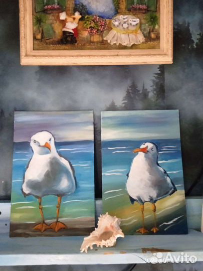 Картина Чайки на пляже двойная, масло, холст