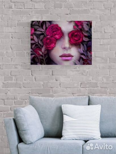 Картина розы цветы девушка силуэт глаза 70х50