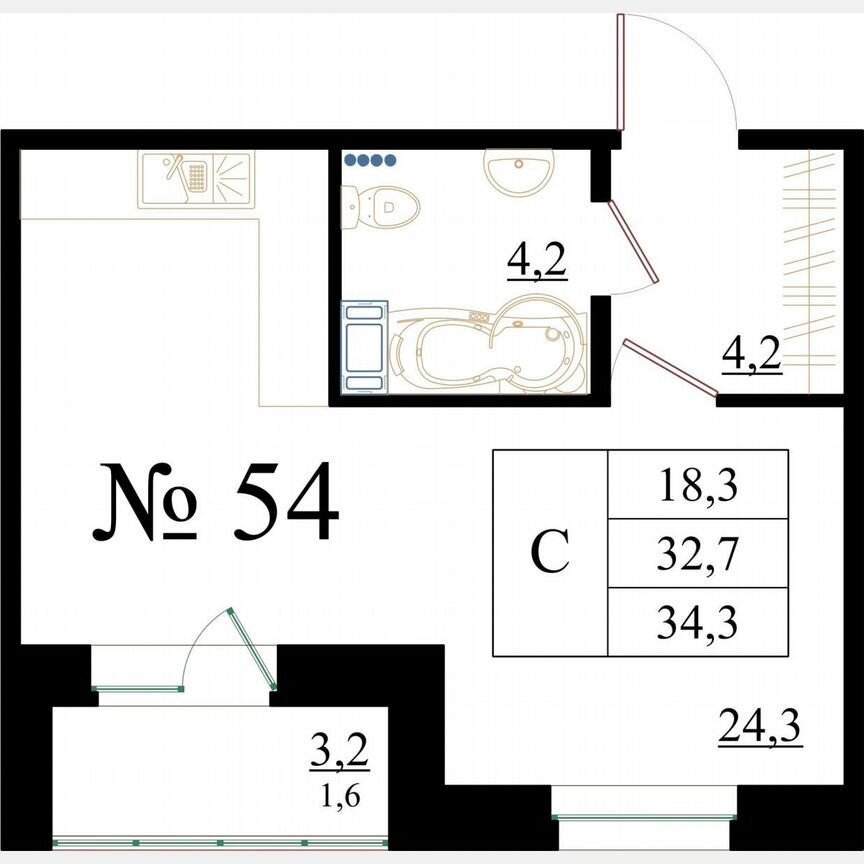 Квартира-студия, 34,3 м², 7/8 эт.