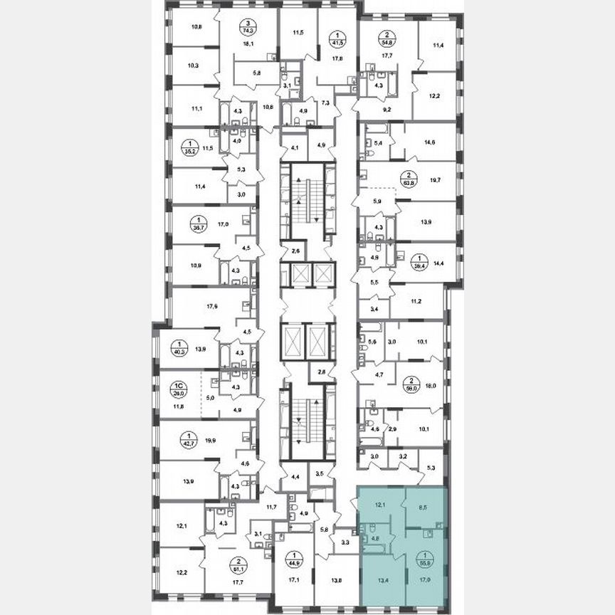 1-к. квартира, 55,8 м², 2/20 эт.