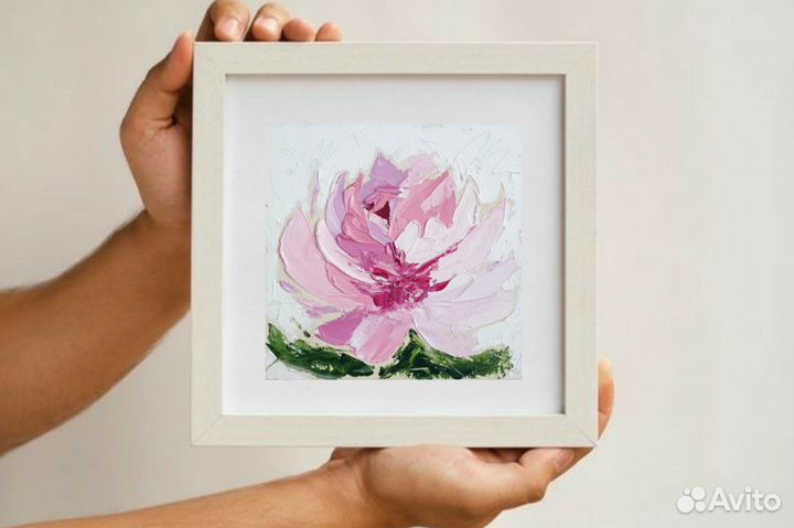 Картина Пионы цветы маслом на холсте 15х15 см