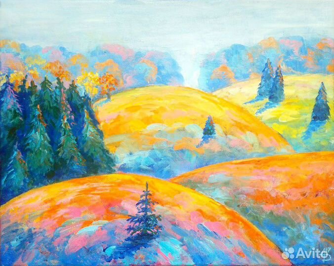 Картина маслом на холсте яркий пейзаж осень