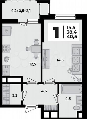 1-к. квартира, 40,5 м², 3/8 эт.