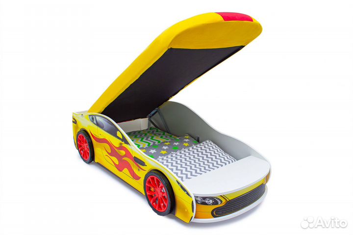 Кровать-машинка с подъемным механизмом. Желтая