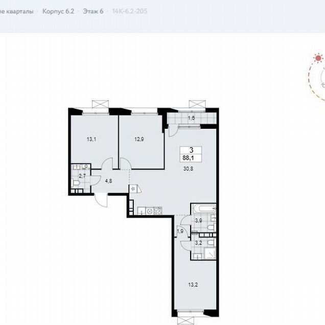 3-к. квартира, 88 м², 6/9 эт.