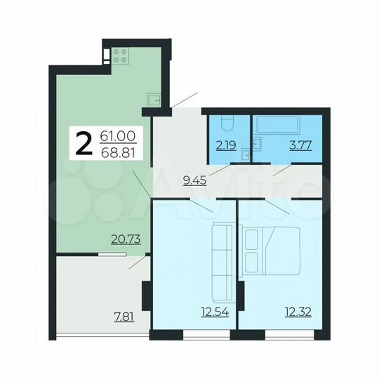2-к. квартира, 68,8 м², 2/24 эт.