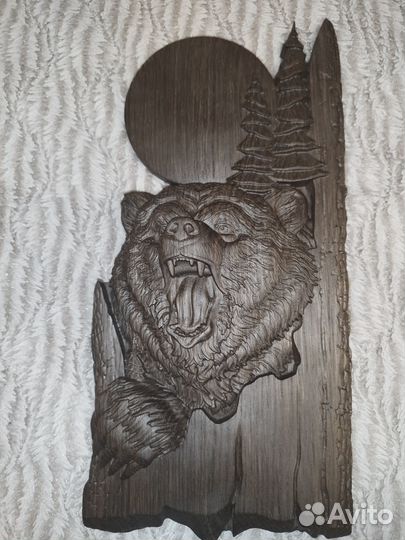 Панно резное, картина Медведь (мореный дуб)