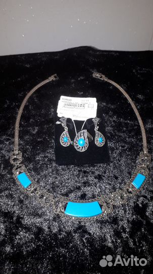Серебряный комплект с бирюзой колье,серьги,кольцо