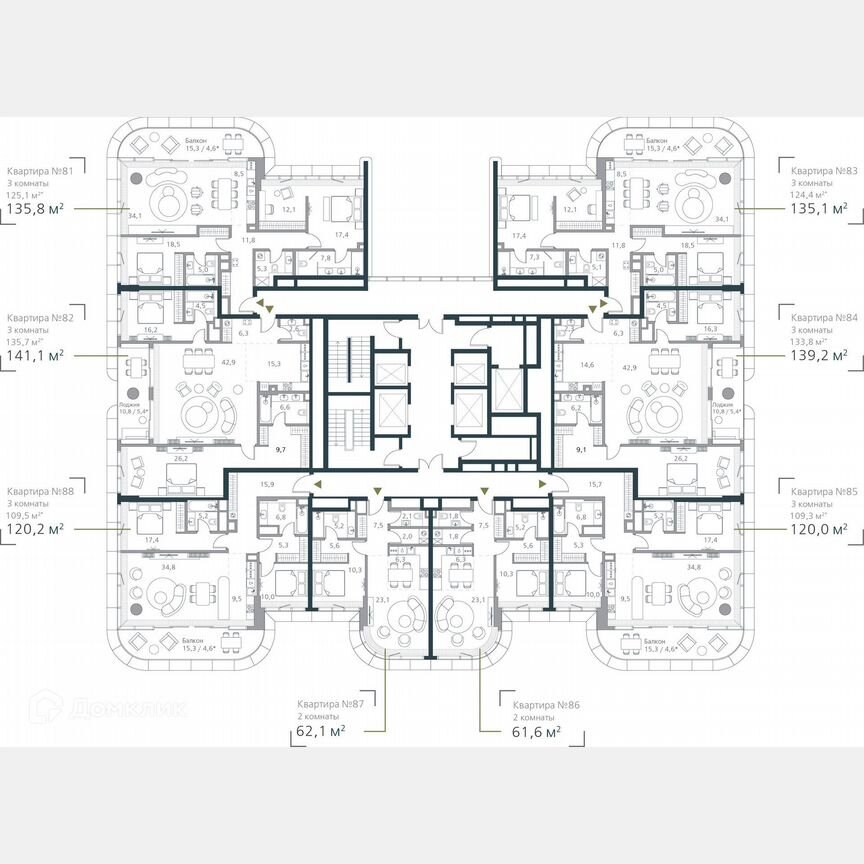 2-к. квартира, 124,4 м², 8/19 эт.