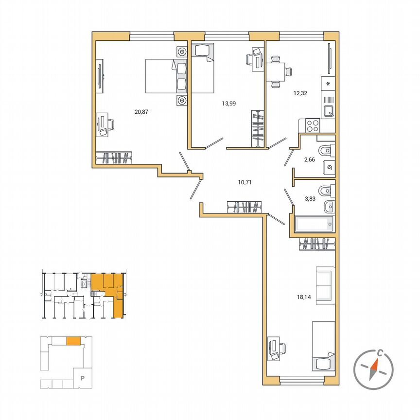 3-к. квартира, 82,2 м², 1/7 эт.