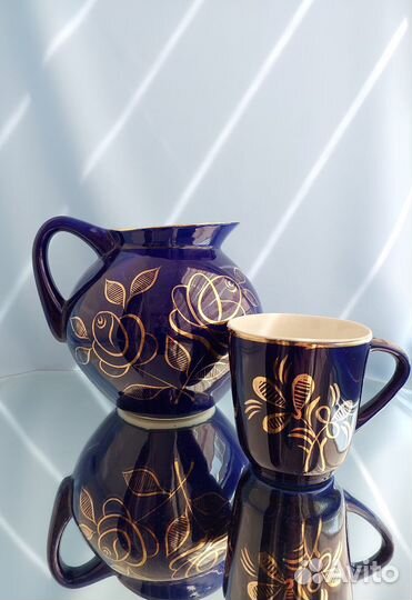 Кувшин и чашка,кобальт, Гжель, времена СССР
