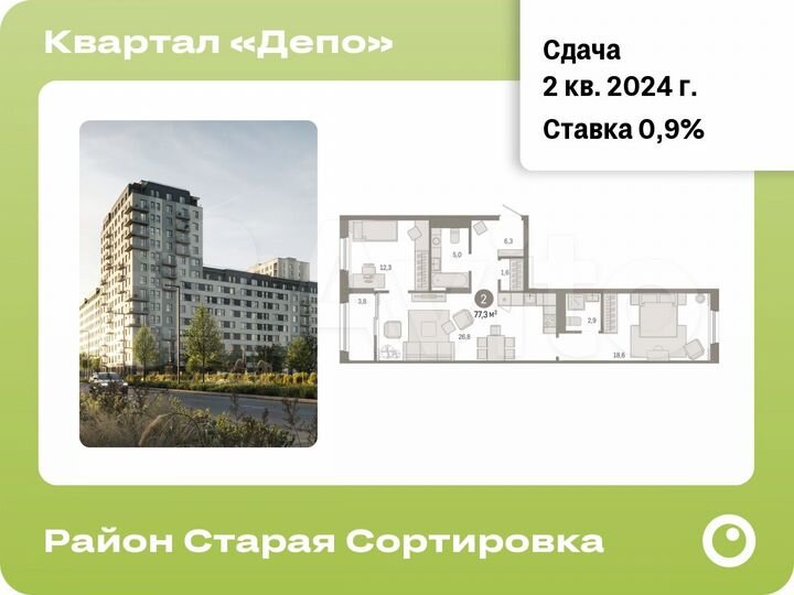 2-к. квартира, 77,3 м², 9/17 эт.