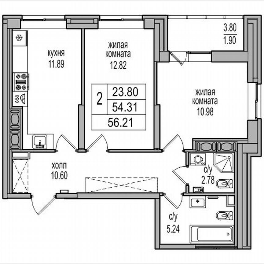 2-к. квартира, 55,4 м², 20/27 эт.