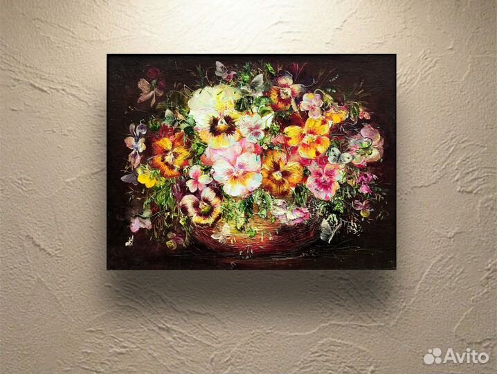 Анютины глазки букет картина 30х40 см