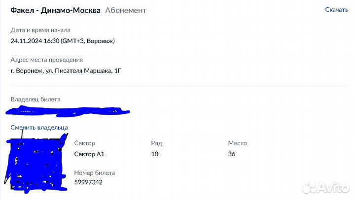 Билет на матч Факел-Динамо. А1 10 ряд 36 место