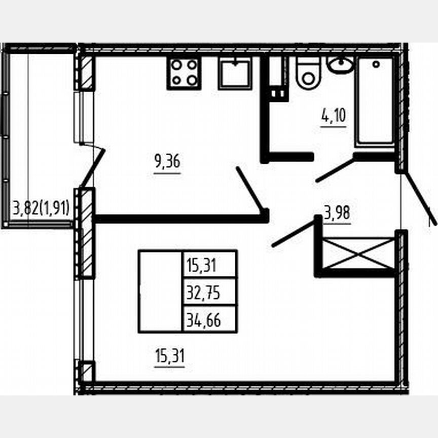 1-к. квартира, 32,8 м², 4/4 эт.