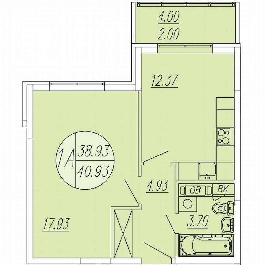 1-к. квартира, 40,9 м², 4/4 эт.