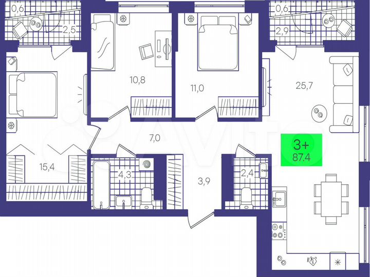 3-к. квартира, 87,4 м², 11/16 эт.