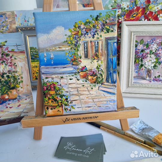 Картина маслом морской пейзаж миниатюра цветы море