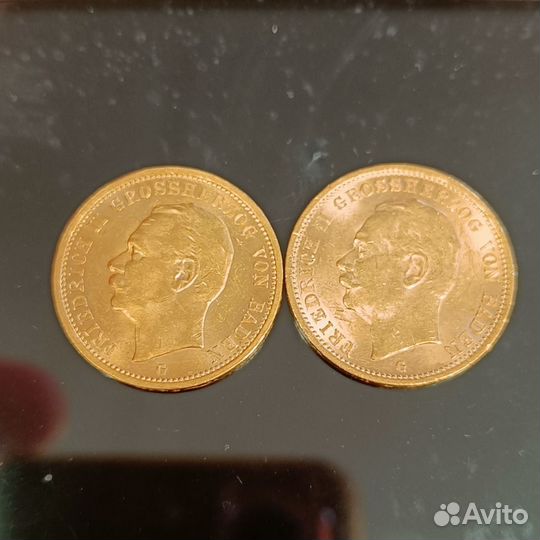 Золотая монета 20 марок Фридрих 2 Баден