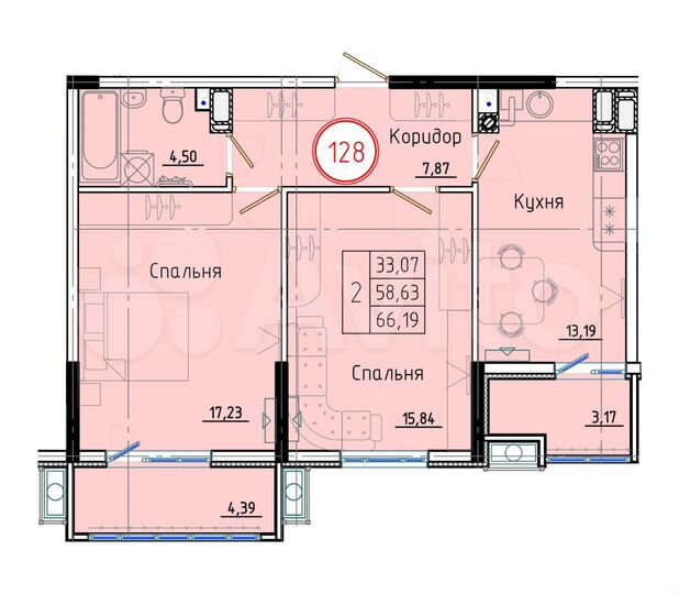 2-к. квартира, 66,2 м², 3/8 эт.